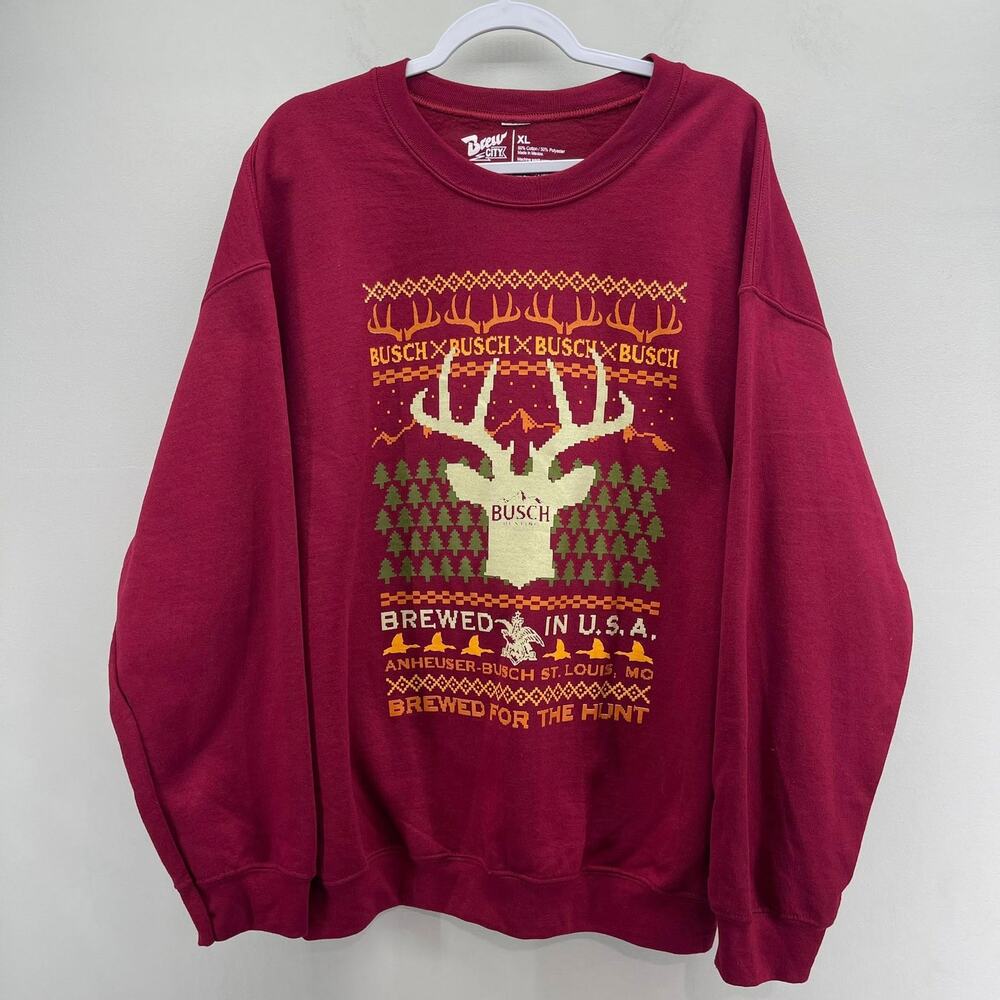 Brew City Busch Hunting Christmas Sweatshirt Mens XL Burgundy Deer Argyle